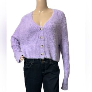 Edikted Lilac Button-Up Cardigan Eyelash Fuzzy VNeck Sweater Fairy Whimsy Sz M/L